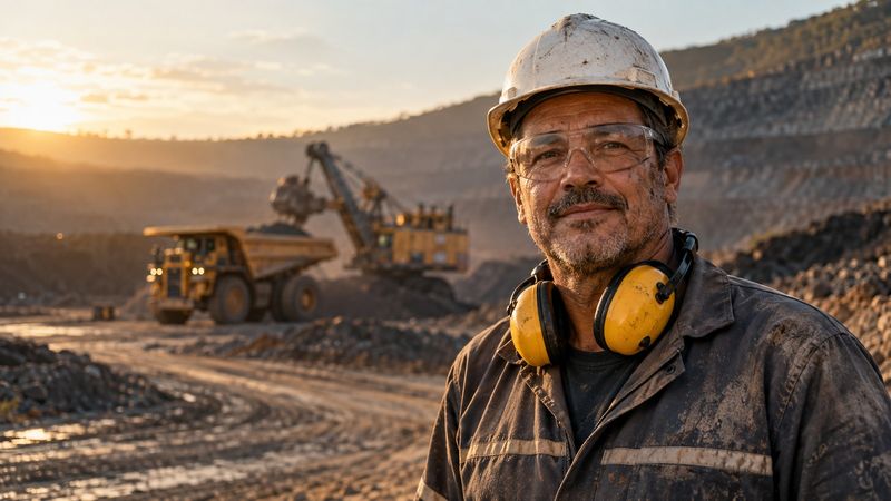 Minerador com equipamento de proteção em frente a uma área de lavra