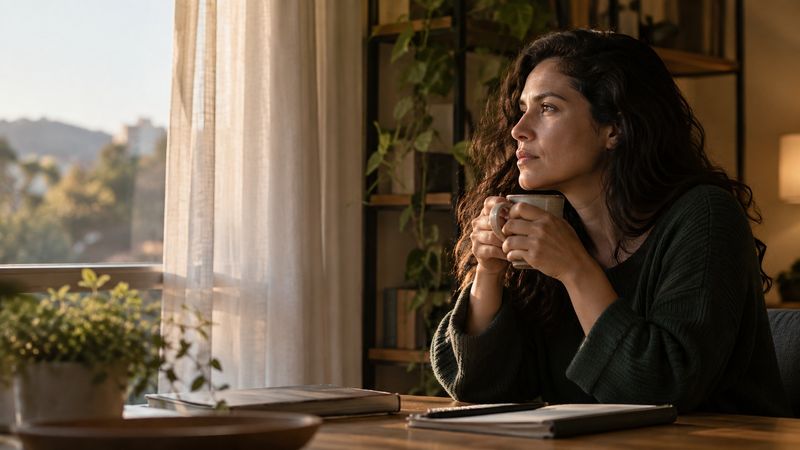 Pessoa sentada perto de uma janela, com expressão cansada, em um ambiente doméstico silencioso