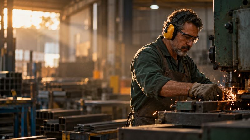 Trabalhador industrial com protetor auricular e óculos de proteção em um galpão