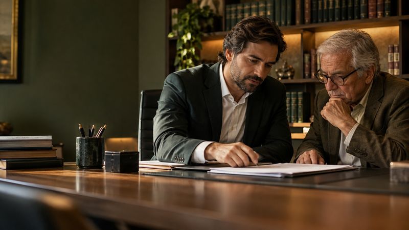 Advogado atendendo um cliente idoso em uma mesa de escritório, com documentos entre os dois